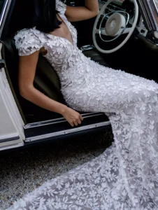 Darcy gown by MWL Bride full front view of dress sitting in car