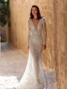 Model wearing Brooke bridal gown by Adi Shlomo Bridal, full front view