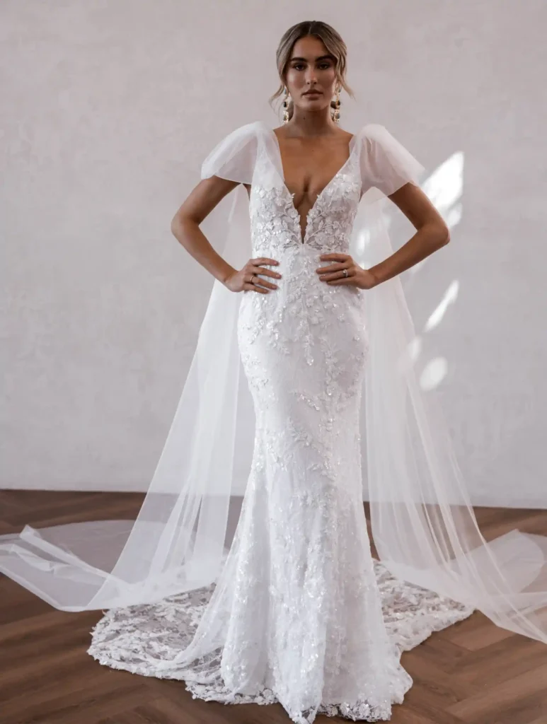 Model wearing Cameron with wings bridal gown by Made With Love bridal dresses (front closeup view)