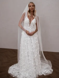Model wearing Cooper bridal gown by Made With Love bridal dresses (full front view)