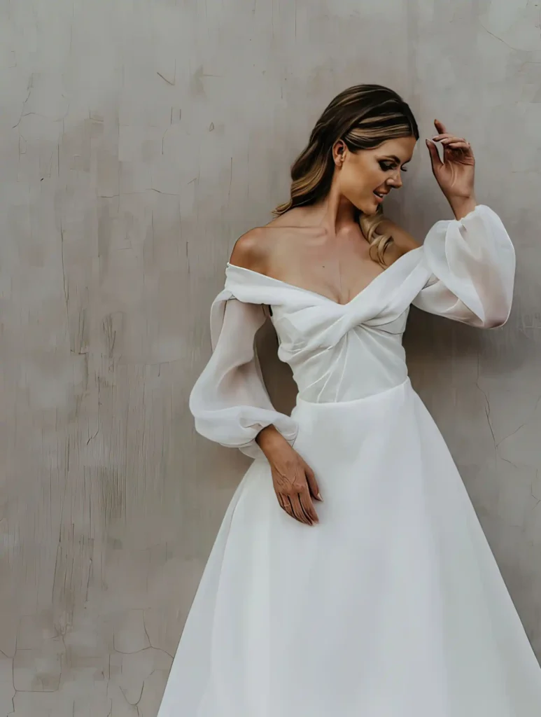 Gia Satin wedding gown by Elli Nicole front view in Size 12 dress