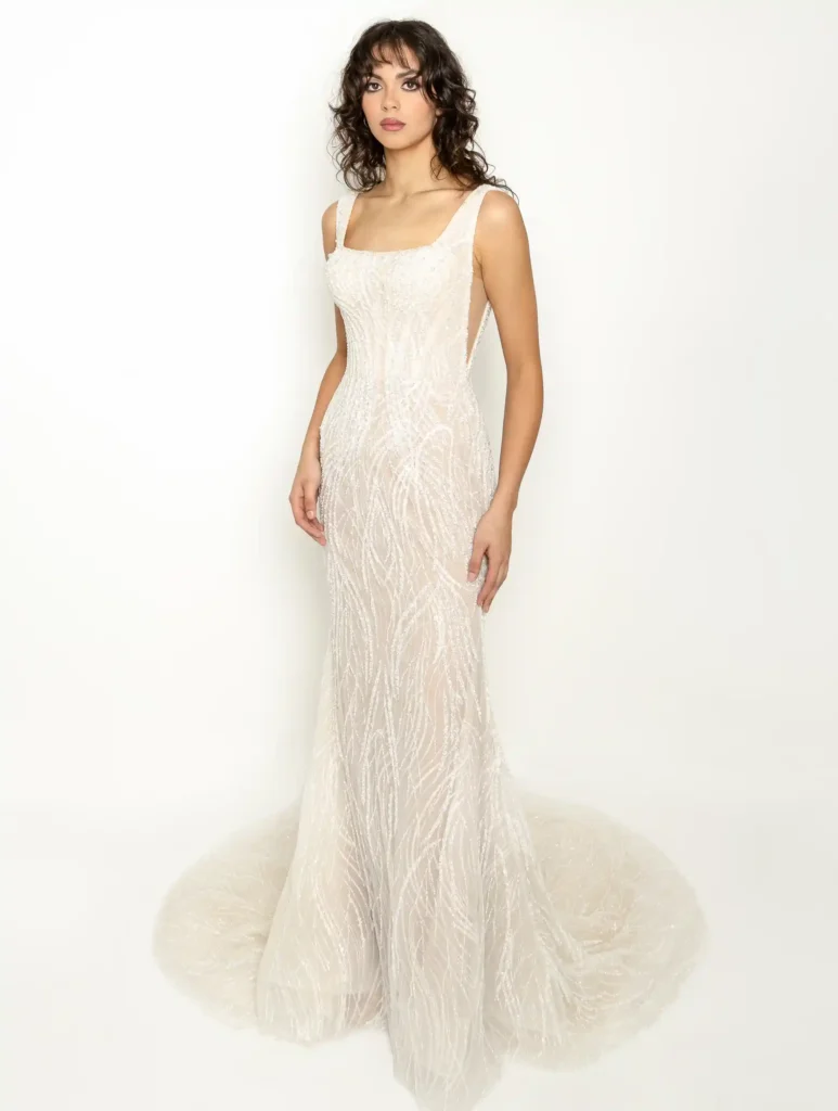 Model wearing Helen Gown Dress by La Premiere Bridal full front view
