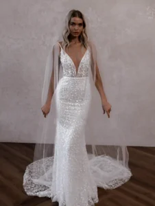 Model wearing Hudson Gown by Made With Love Bridal full front view
