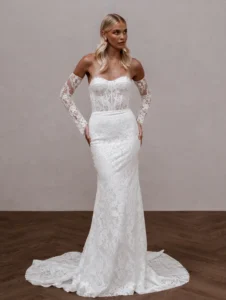 Model wearing Winnie wedding bridal gown by Made With Love bridal full front view dress