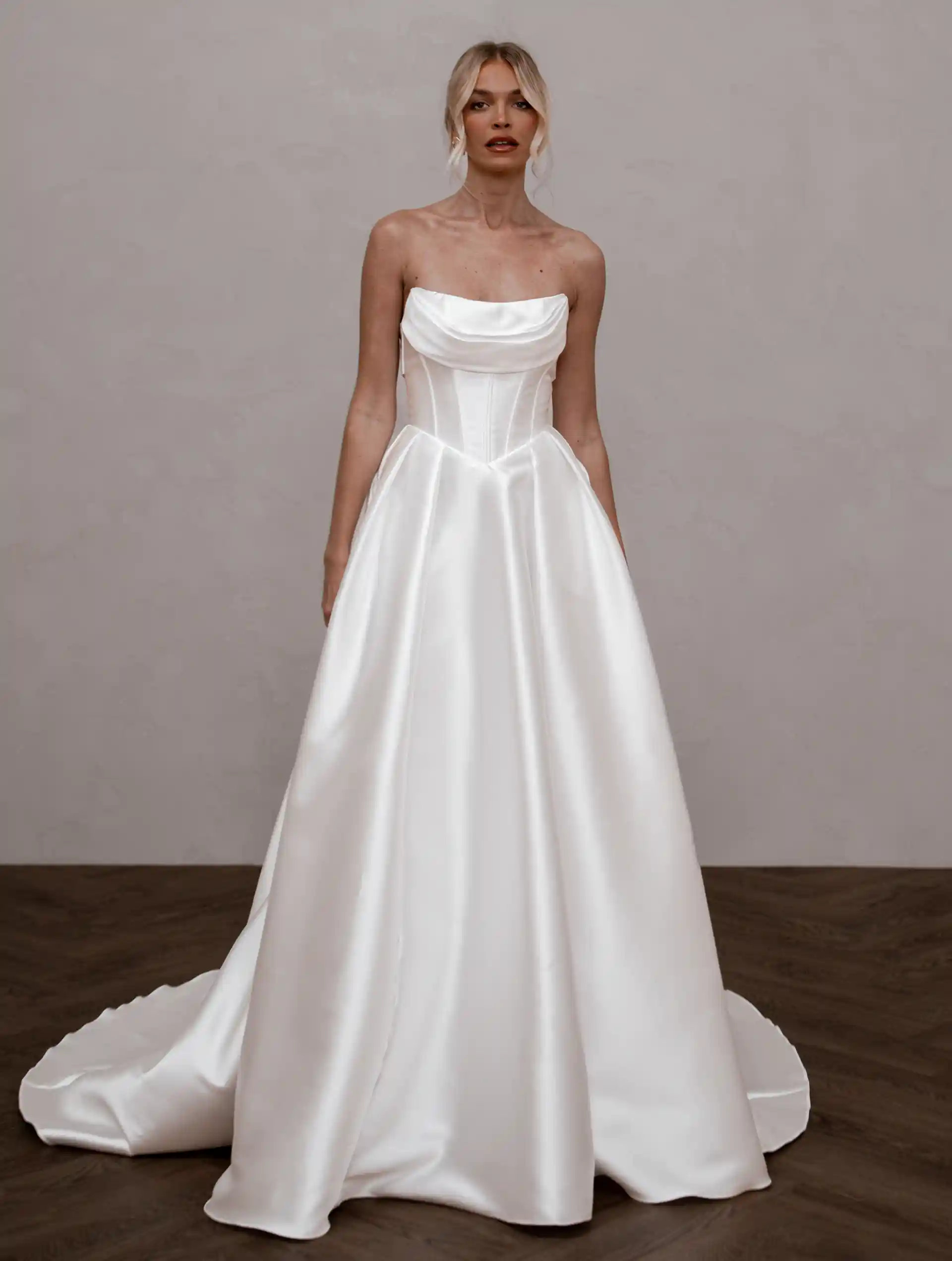 Model wearing Celine wedding bridal gown by Made With Love bridal full front view dress