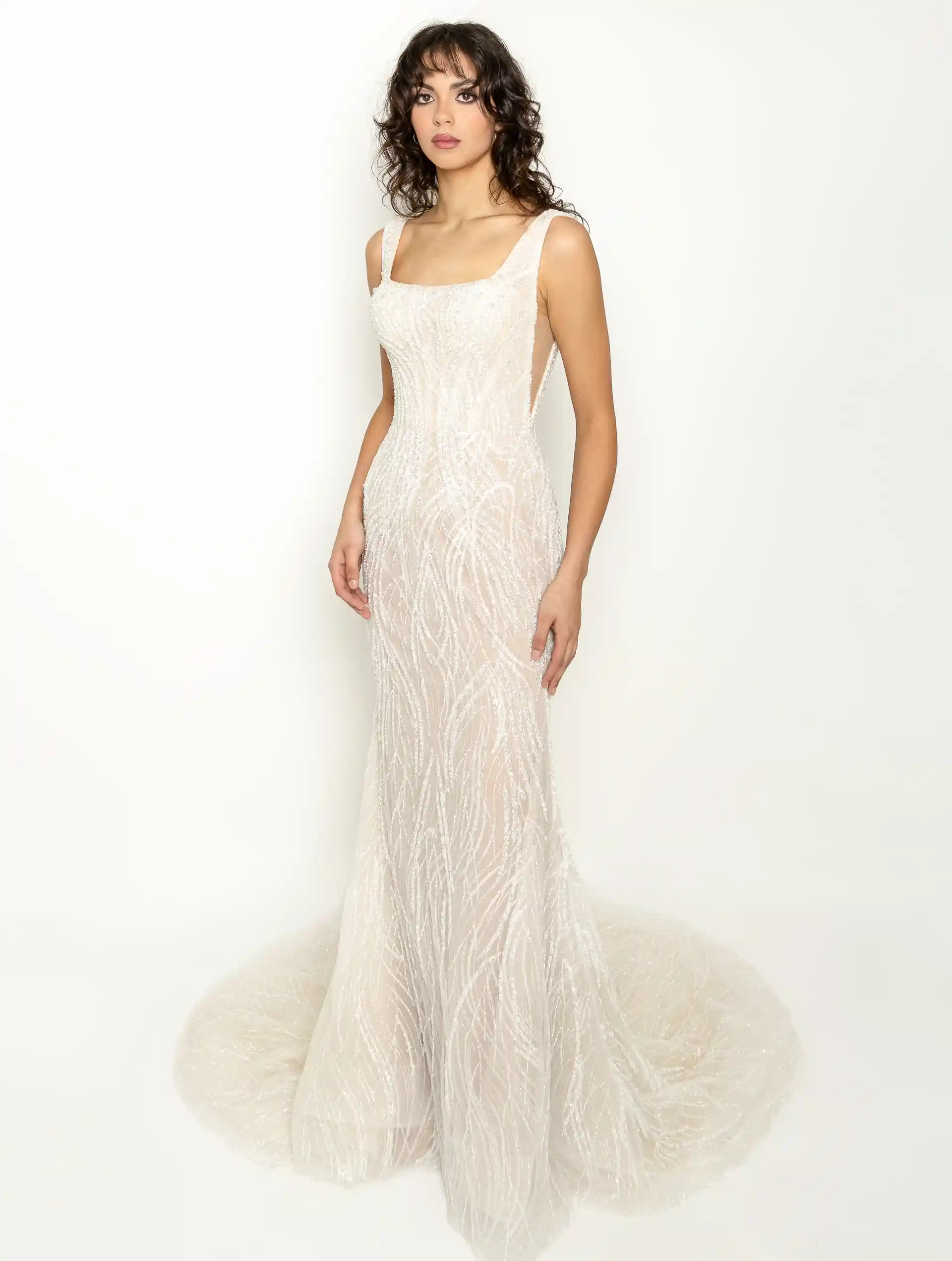 Model wearing Helen Gown Dress by La Premiere Bridal full front view
