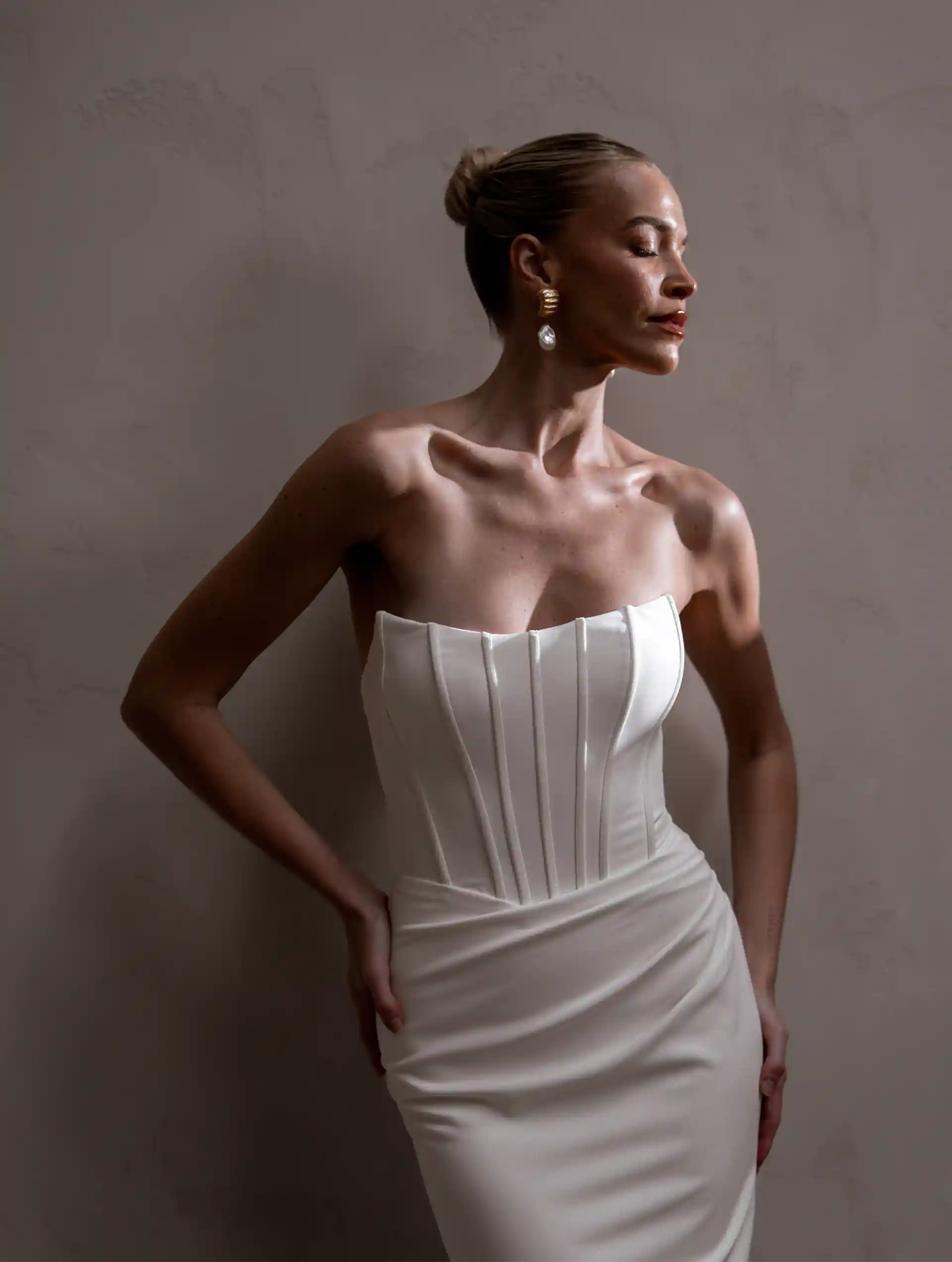 Model wearing Made With Love bridal gown Rhode by MWL front view without drape.
